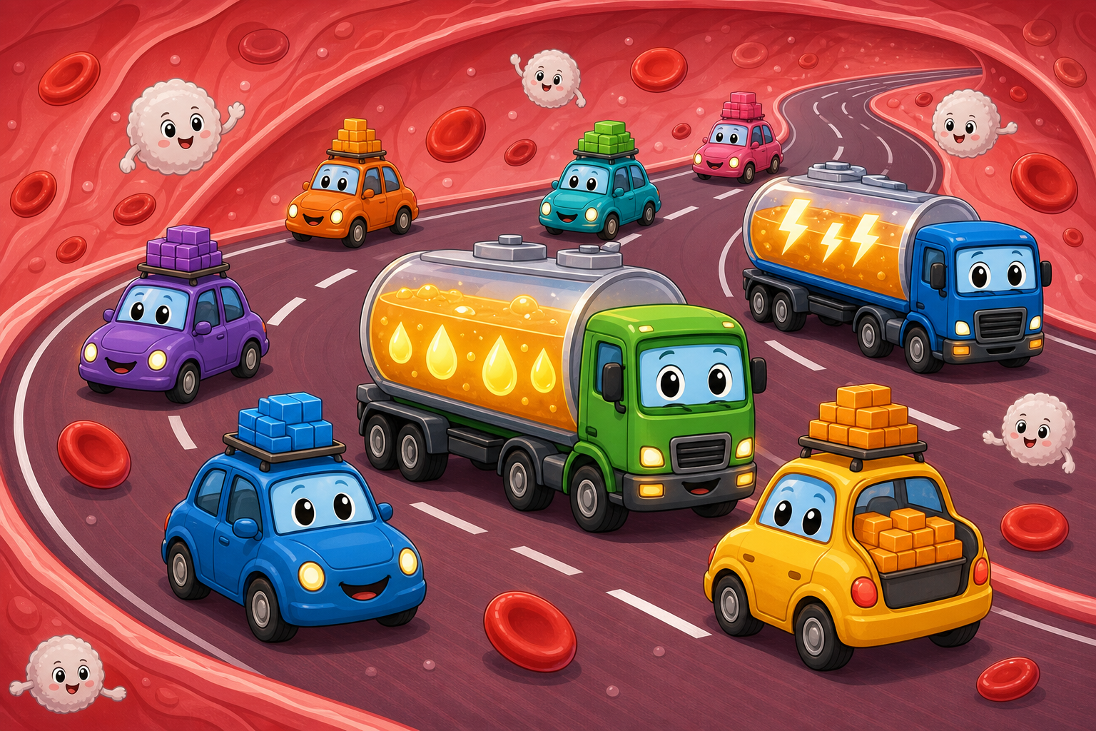 This image shows your bloodstream as a highway, where cholesterol acts like building materials for cells, and triglycerides are the fuel your body uses for energy or stores as fat.