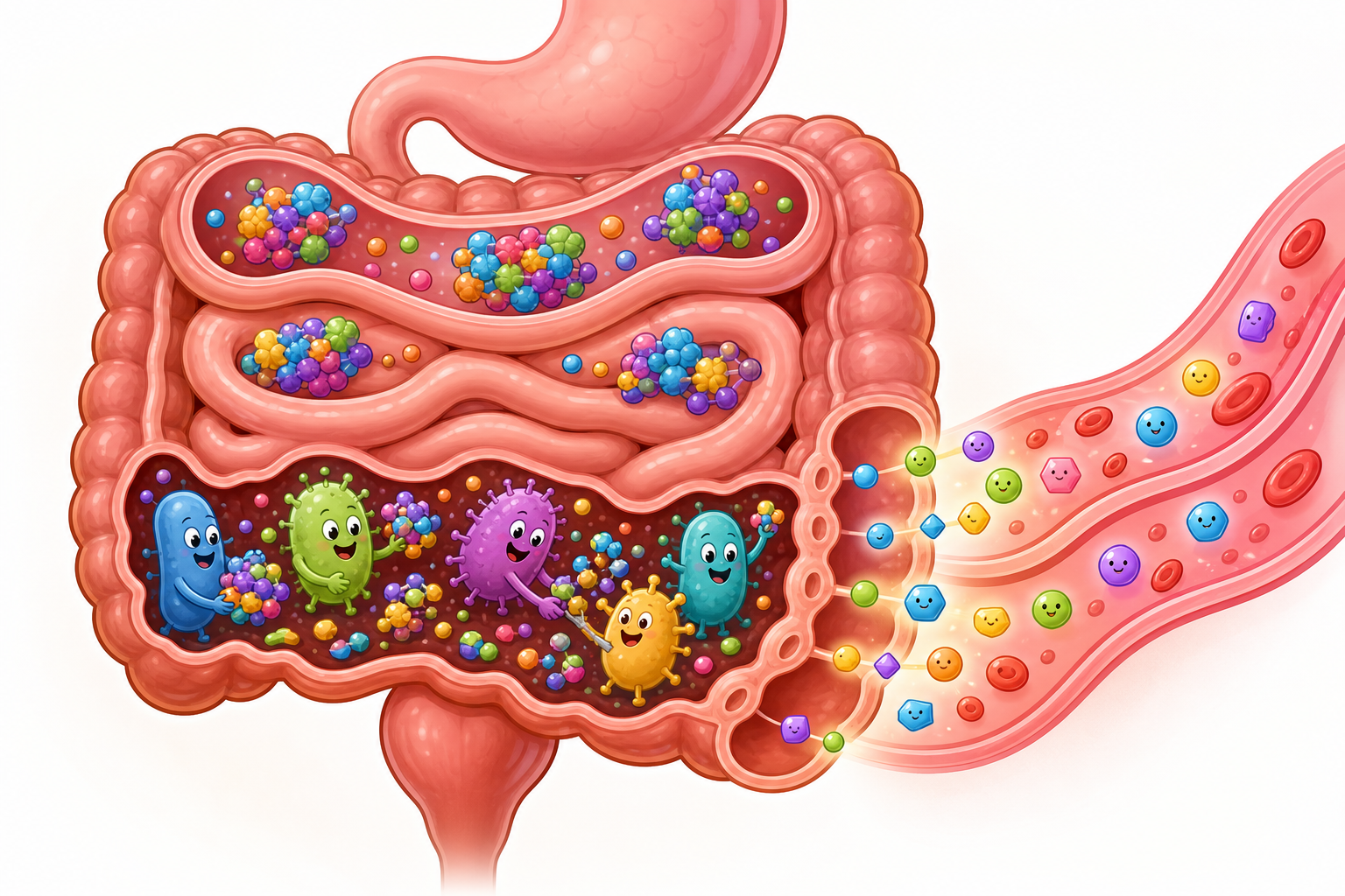 This illustration shows how large polyphenols often pass unabsorbed through your small intestine. Once in your large intestine, friendly gut bacteria break them down into smaller metabolites that your body can then easily absorb and use.