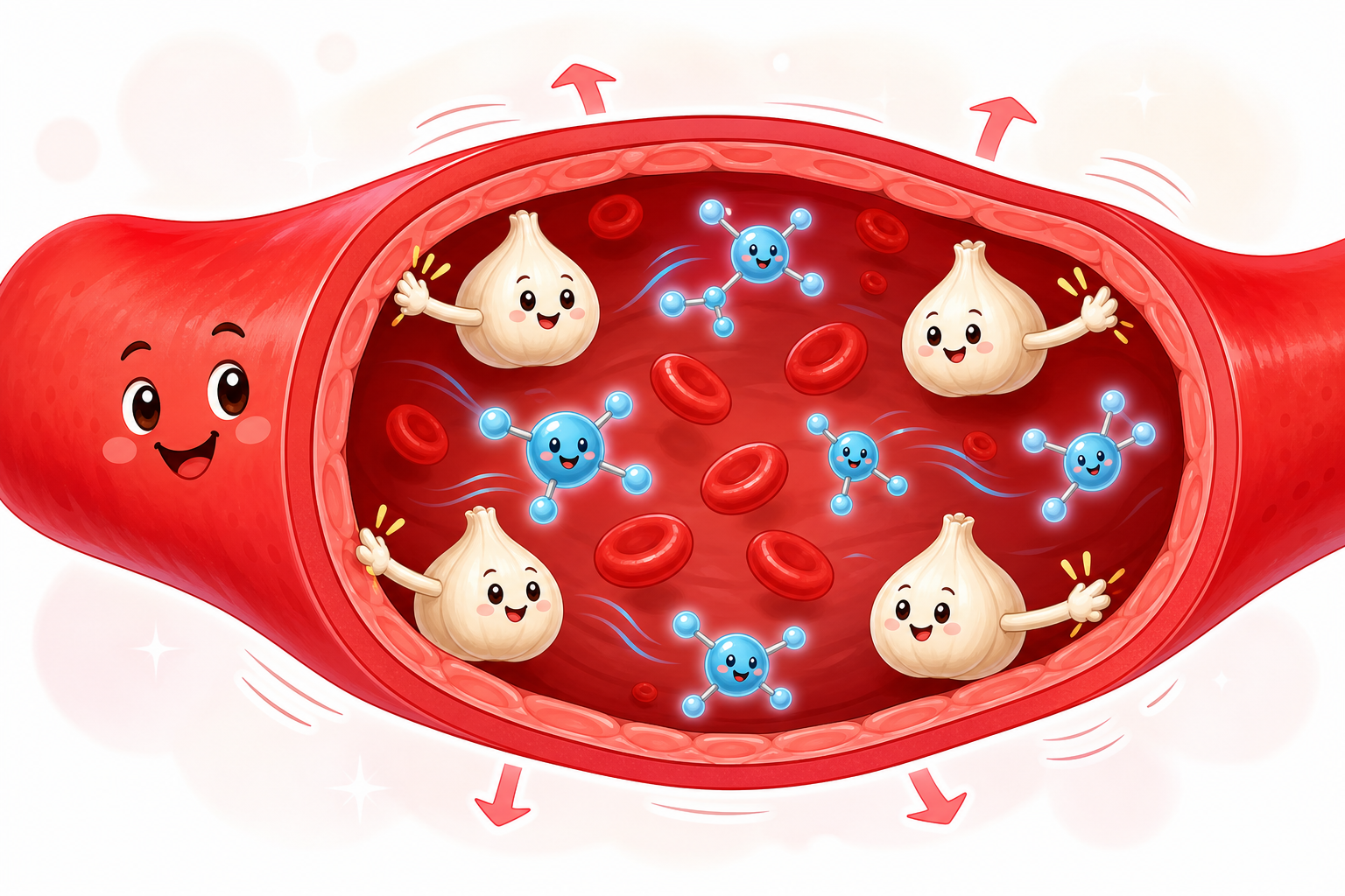This illustration shows how compounds in garlic help blood vessels relax and widen, allowing blood to flow more easily and reducing blood pressure.