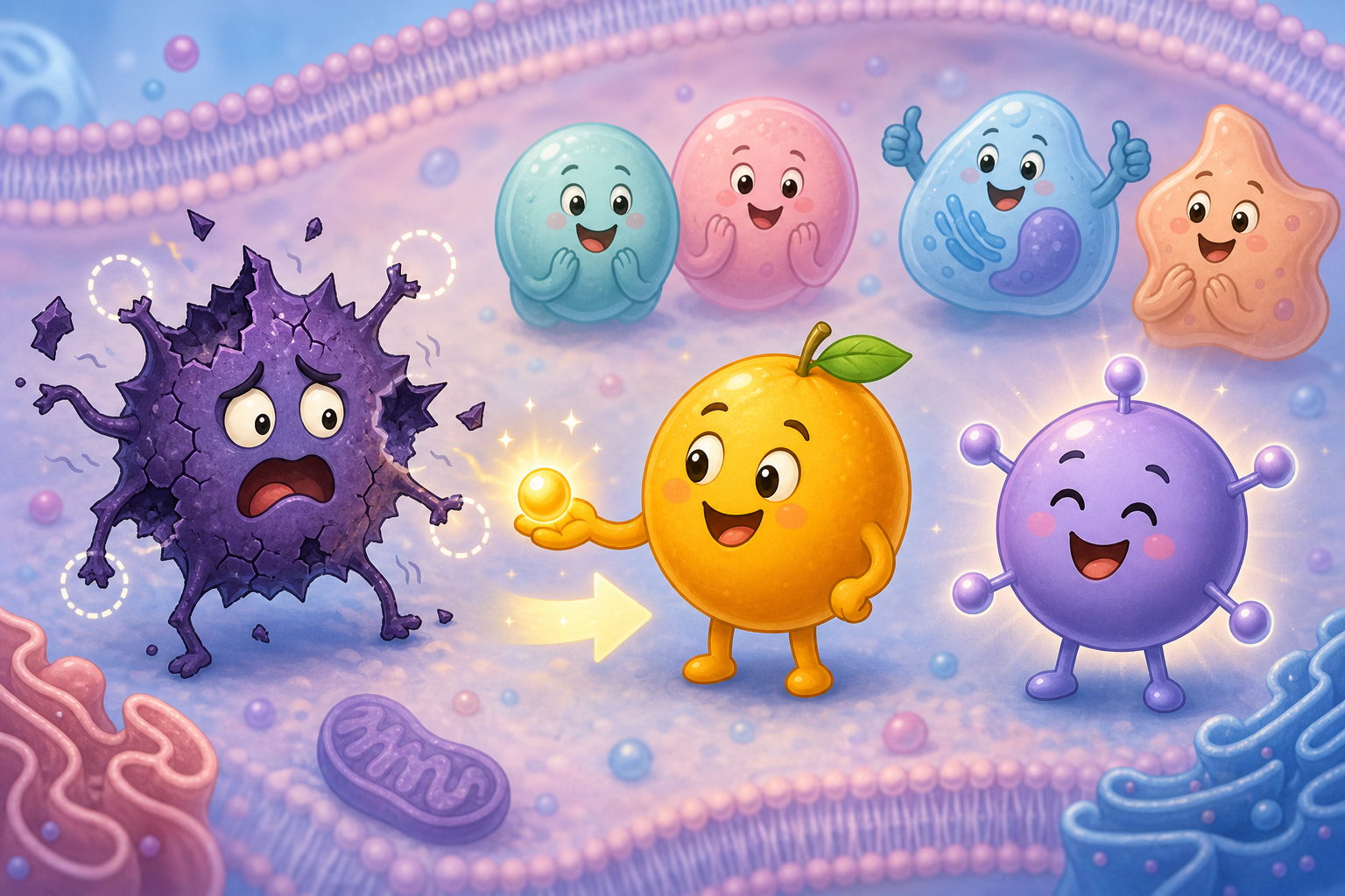 This illustration shows how antioxidants like Vitamin C (the friendly round character) give an electron to unstable free radicals (the jagged monster), making them stable and harmless to your cells.