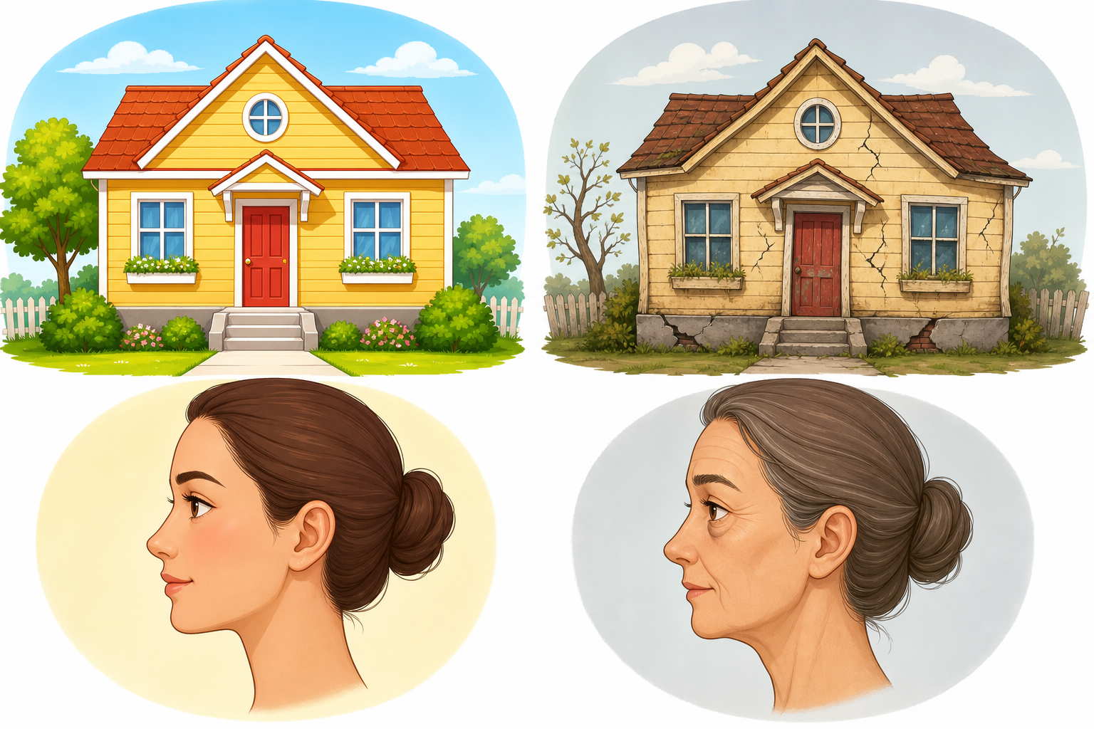 This illustration compares a youthful face to a new house with a strong foundation and smooth walls. As we age, our face (like an old house) experiences underlying changes like bone loss and fat pads shrinking, leading to visible signs of aging.