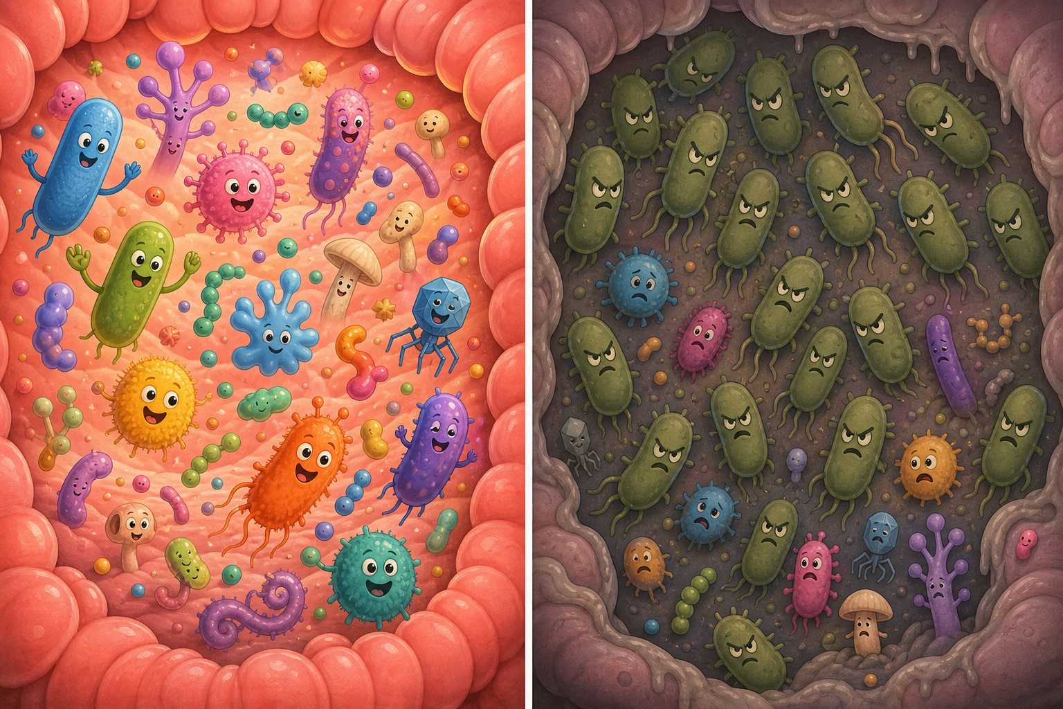 Your microbiome is like a bustling city of tiny residents. A healthy microbiome (left) has many different types of helpful bacteria working together, while an unhealthy one (right) has an imbalance where a few harmful types take over.
