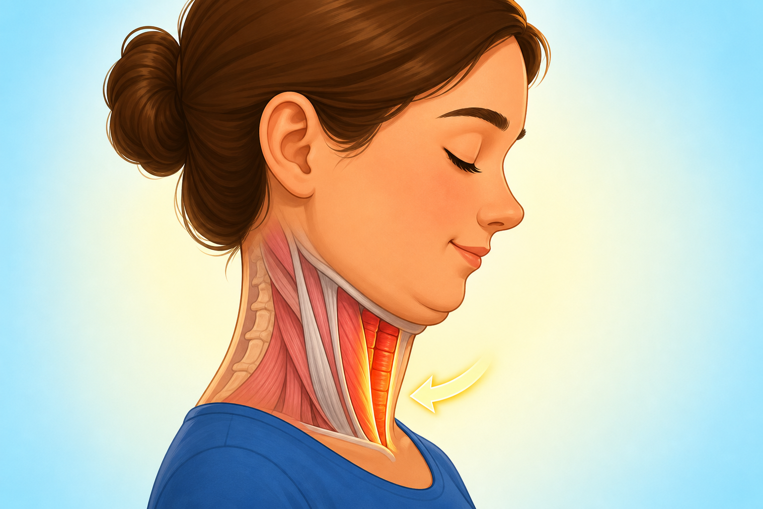This illustration shows cranio-cervical flexion, a subtle nodding motion that helps strengthen the deep muscles in the front of your neck, like making a gentle double chin.