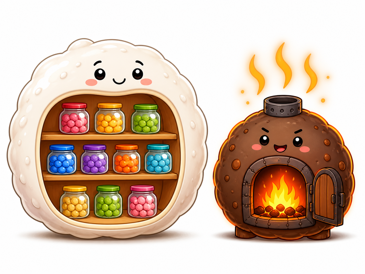 This illustration shows how white fat stores energy like a pantry, while brown fat burns calories like a furnace to produce heat.