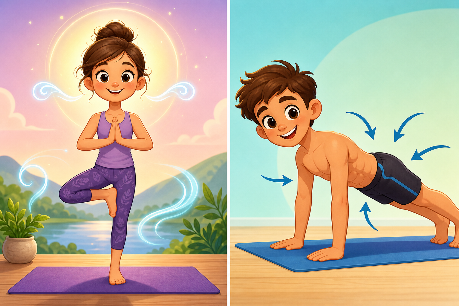 Yoga (left) often emphasizes flexibility, breathing, and the mind-body connection, helping you feel calm and centered. Pilates (right) focuses intensely on strengthening your core muscles, improving stability and control throughout your body.