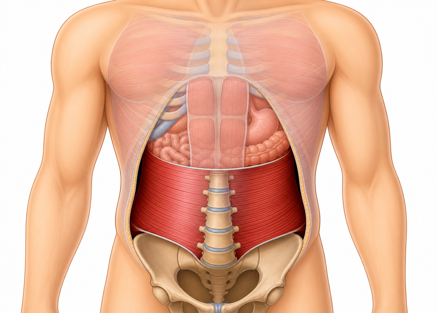 The transversus abdominis is a deep abdominal muscle that acts like a natural corset, wrapping around your midsection to support your spine and organs. Pilates breathing helps you engage this important muscle.