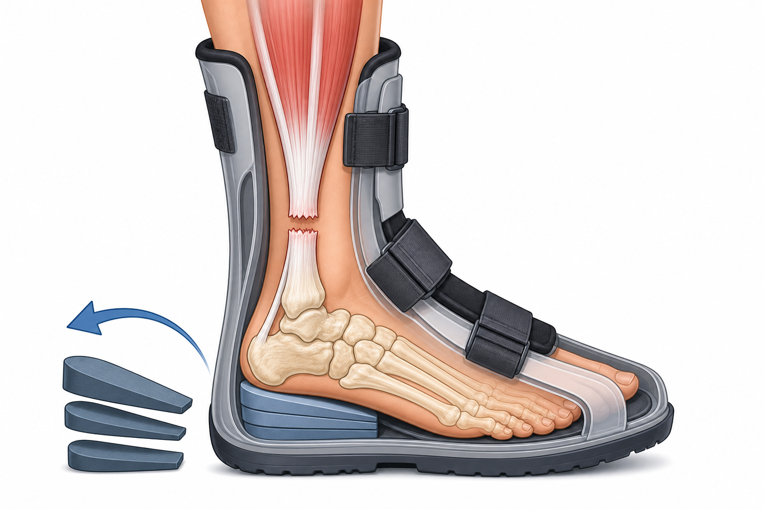 Modern non-surgical treatment uses a walking boot with wedges under the heel. These wedges point the toes down, bringing the torn Achilles ends close to help them heal naturally.