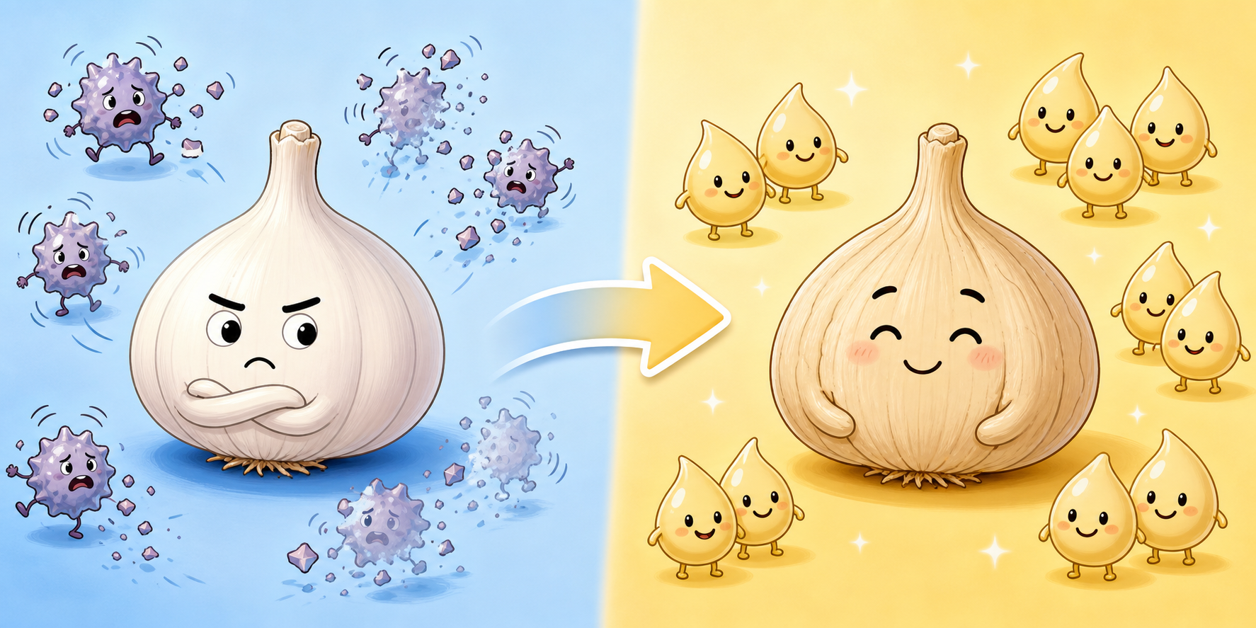 Raw garlic contains unstable Allicin, which breaks down quickly. The aging process transforms it into stable S-allylcysteine (SAC), a compound with more consistent health benefits.