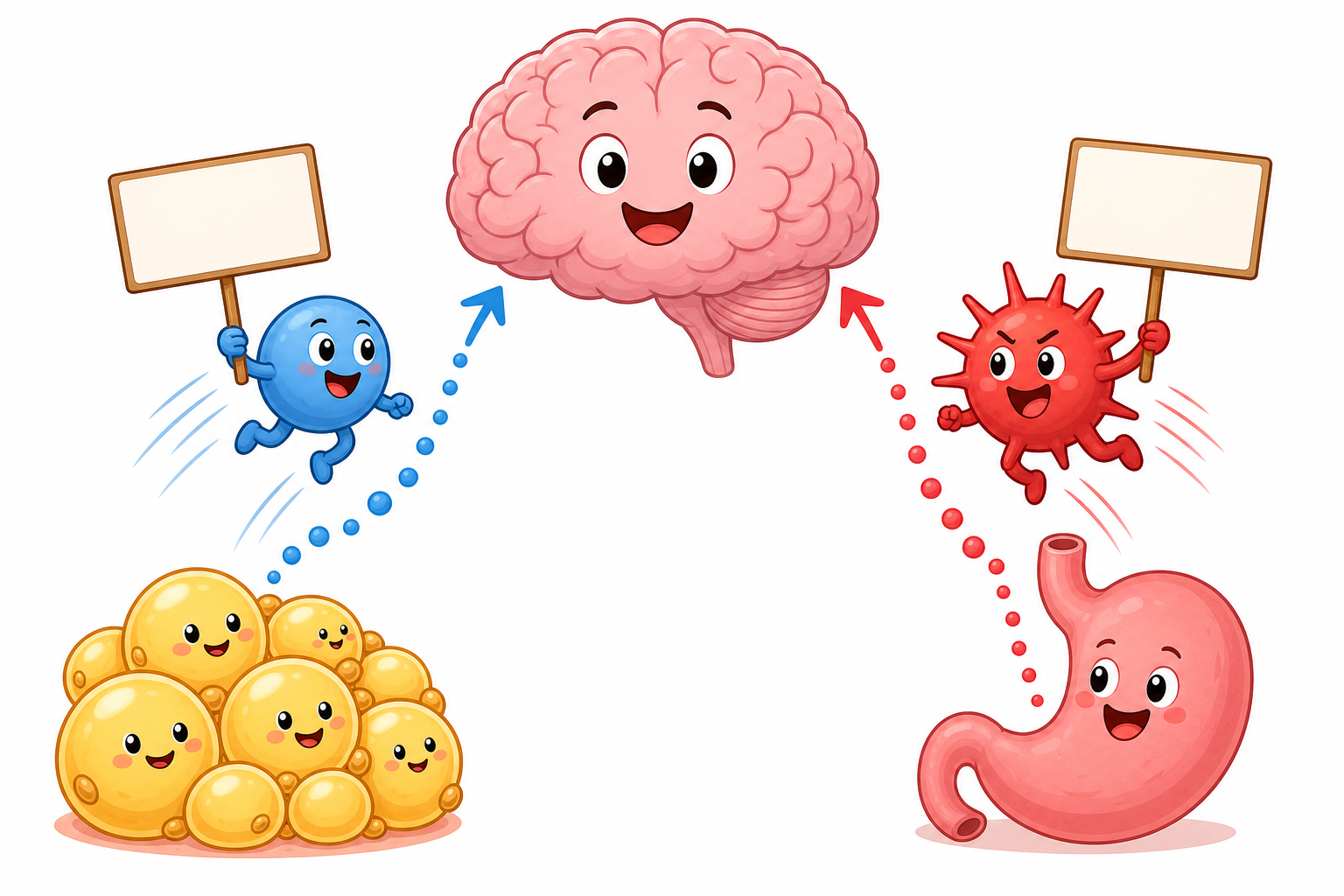 Leptin, from your fat cells, tells your brain you're full, while Ghrelin, from your stomach, signals hunger. These two hormones constantly communicate with your brain to control your appetite.