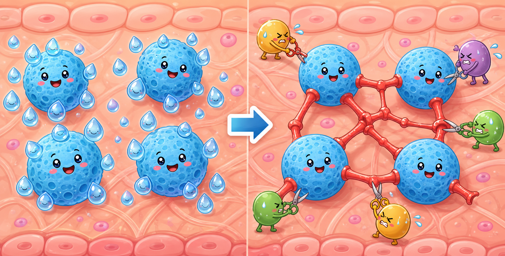 Hyaluronic acid (HA) molecules act like tiny sponges, holding onto water to keep skin plump. Scientists 'cross-link' these molecules, binding them into a strong mesh that resists breakdown, making HA fillers last longer in the body.
