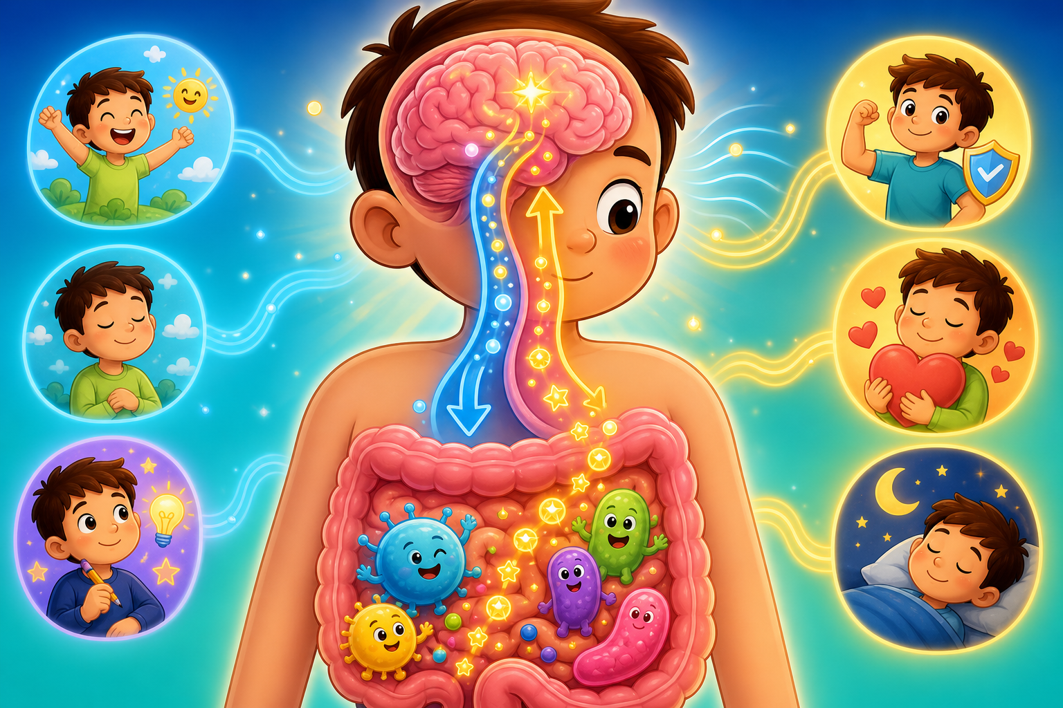 The Gut-Brain Axis is like an invisible highway connecting your gut to your brain. Helpful gut bacteria send signals that can affect your mood and memory, and your brain sends signals back to your gut.