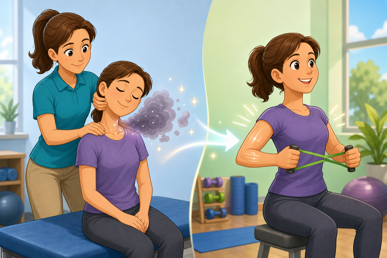 This image shows how manual therapy and exercise complement each other. Manual therapy provides faster pain relief, while exercise builds long-term strength and function to keep the pain from returning.
