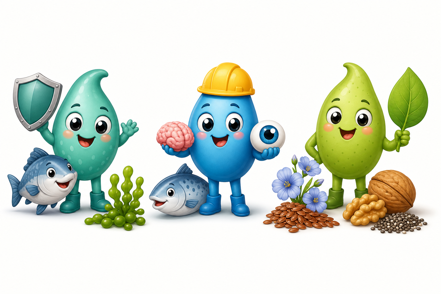 There are three main types of omega-3s: EPA (from fish/algae) helps with inflammation, DHA (from fish/algae) builds your brain and eyes, and ALA (from plants) is used for energy.