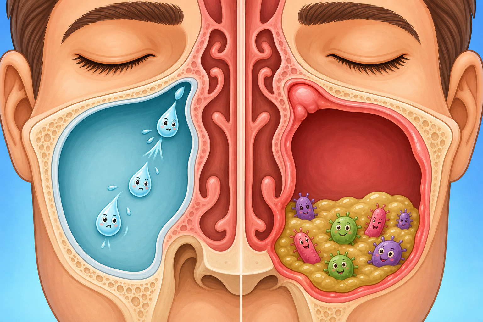 The maxillary sinuses have a drainage 'design flaw' where mucus has to flow uphill. When the exit door (ostium) gets blocked, mucus pools, creating a perfect breeding ground for bacteria and causing sinusitis.