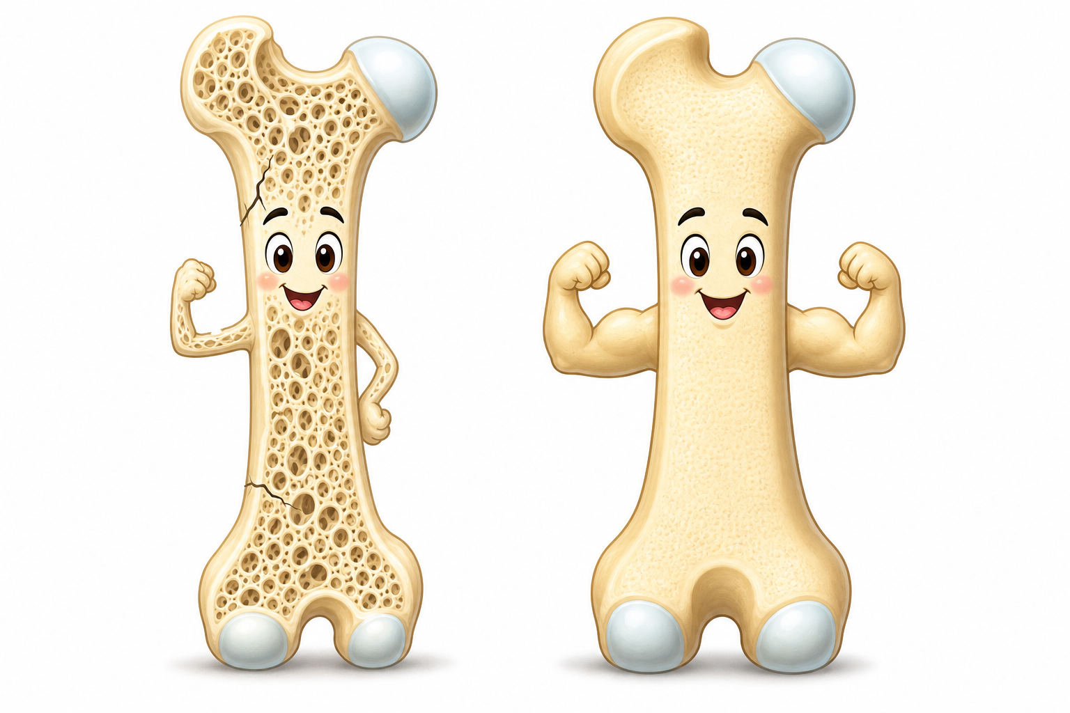 This illustration shows how higher bone mineral density makes bones strong and less likely to break (right), compared to bones with lower density that can be more fragile (left).