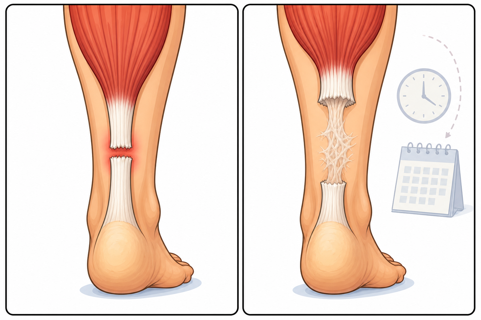 An 'acute' rupture means the tendon just snapped and the ends are close. A 'chronic' rupture happens if not treated quickly, as the calf muscle pulls the tendon ends far apart, making healing much harder.