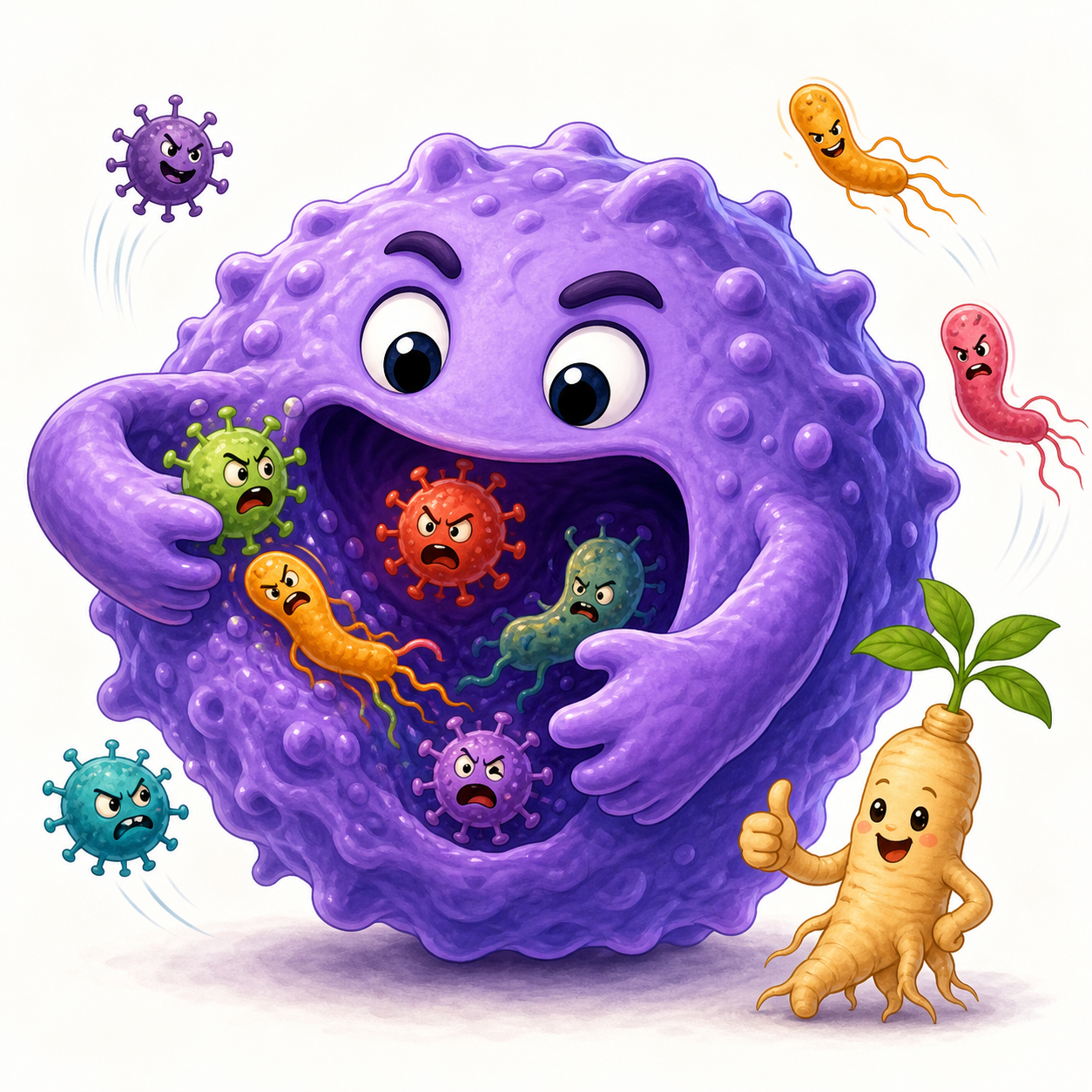 Macrophages are special white blood cells that act like Pac-Man, 'eating' and destroying harmful invaders like viruses and bacteria to keep you healthy. Ginseng helps these important immune cells do their job.
