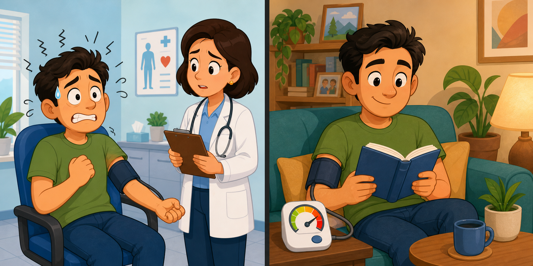 White-coat hypertension means blood pressure is high at the doctor's office due to stress but normal at home. Masked hypertension is the opposite: normal at the doctor's but high during daily life.