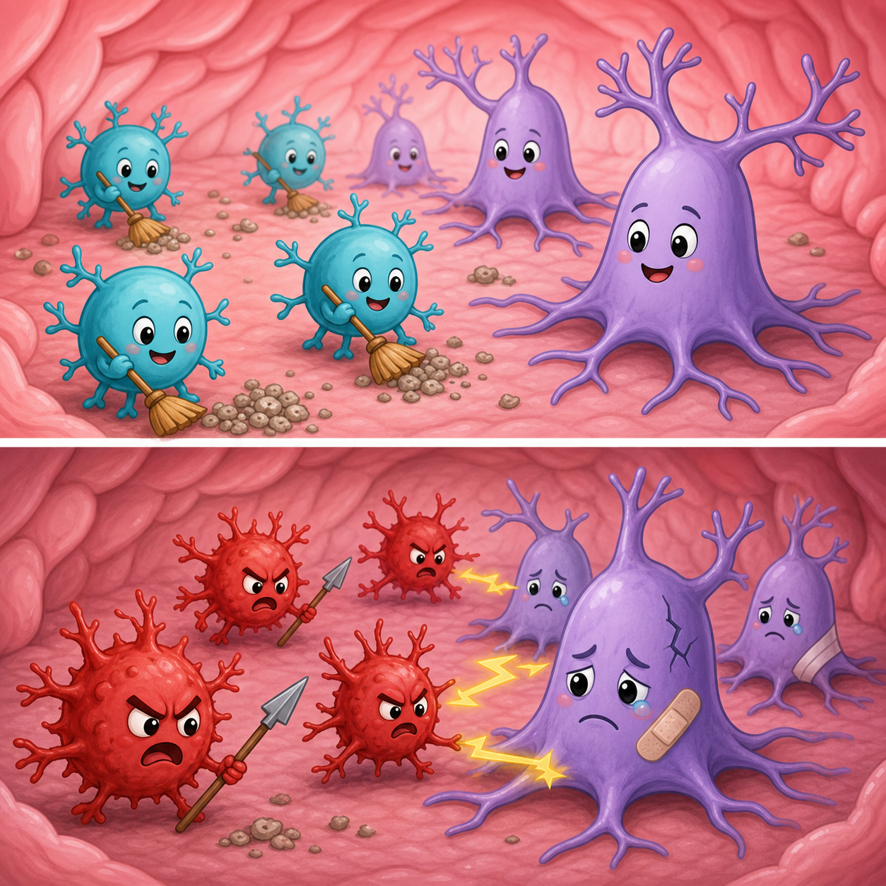 Normally, brain immune cells (microglia) clean up debris, but when they become overactive, they can cause inflammation and damage healthy neurons, contributing to cognitive decline.