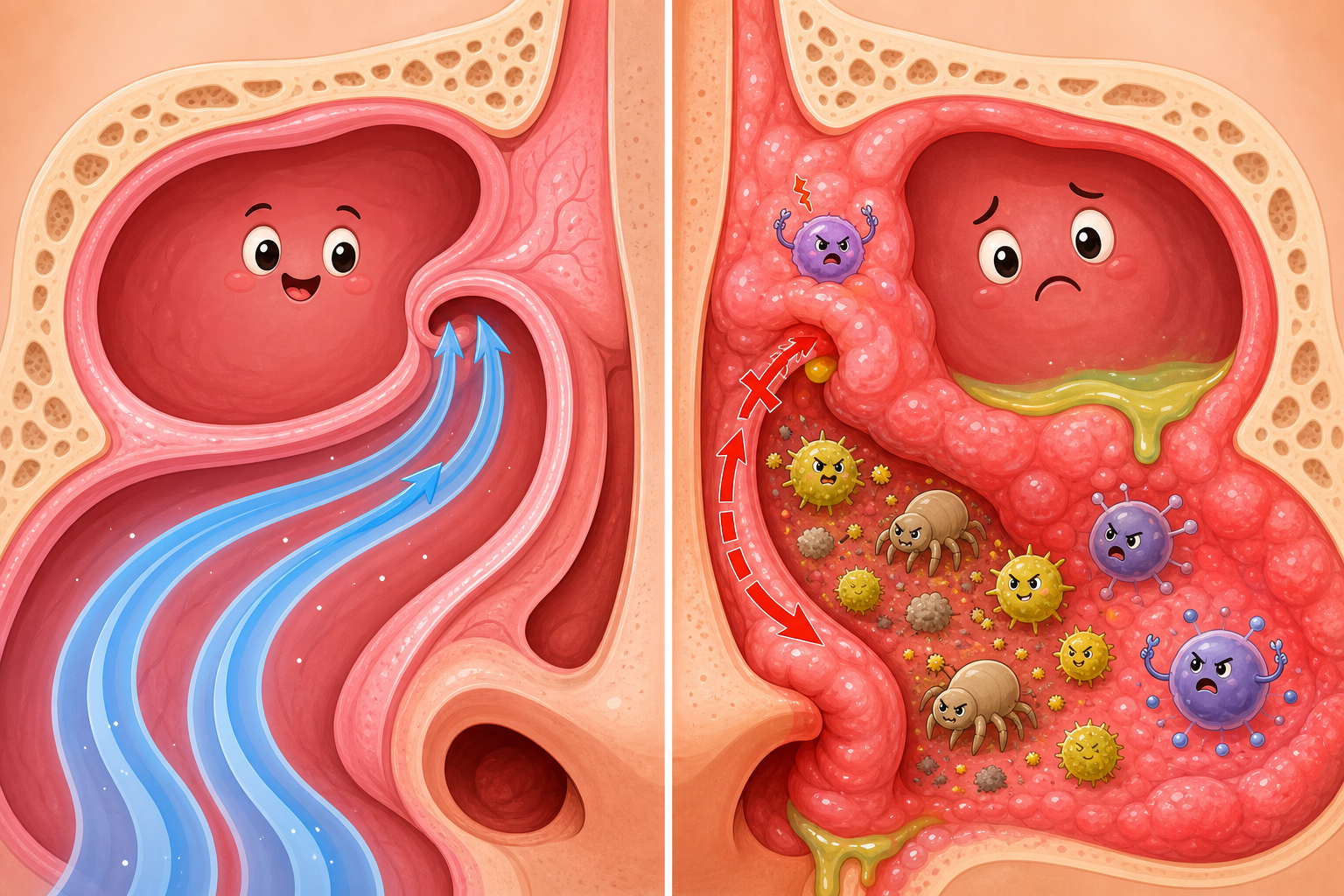 When you have allergies, your body overreacts to harmless particles like pollen. This causes swelling in your nasal passages, which can block the small exit doors of your sinuses and lead to infection.