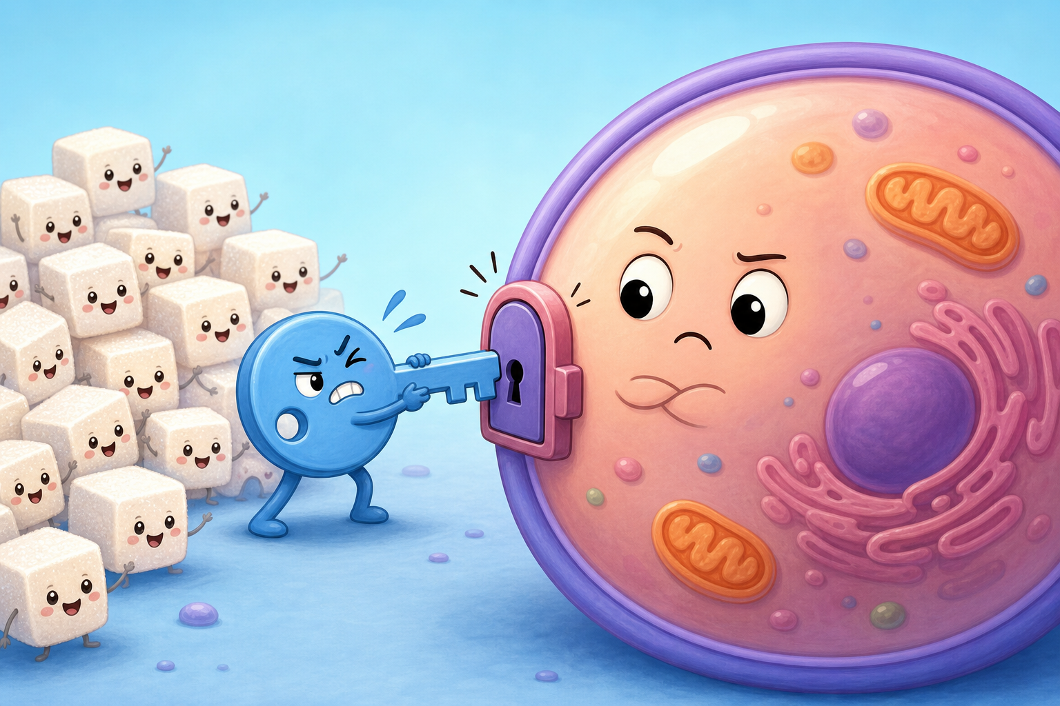 Insulin resistance happens when your body's cells don't 'open up' properly to insulin, which is supposed to let sugar in. This means sugar can build up in your blood instead of being used for energy.