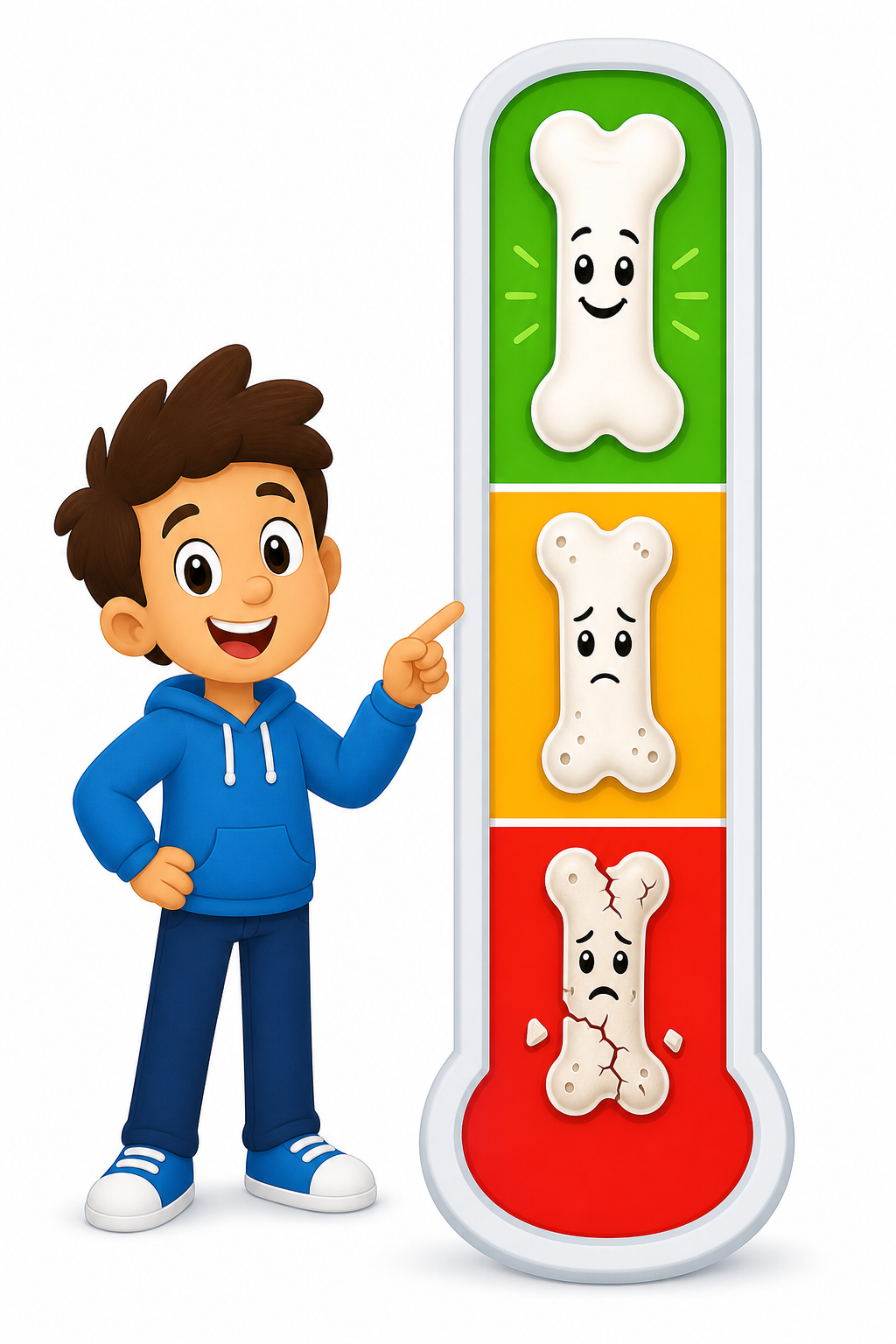 Your T-score compares your bone density to a healthy young adult. Green means normal, yellow means osteopenia (low density), and red means osteoporosis (significantly weakened).