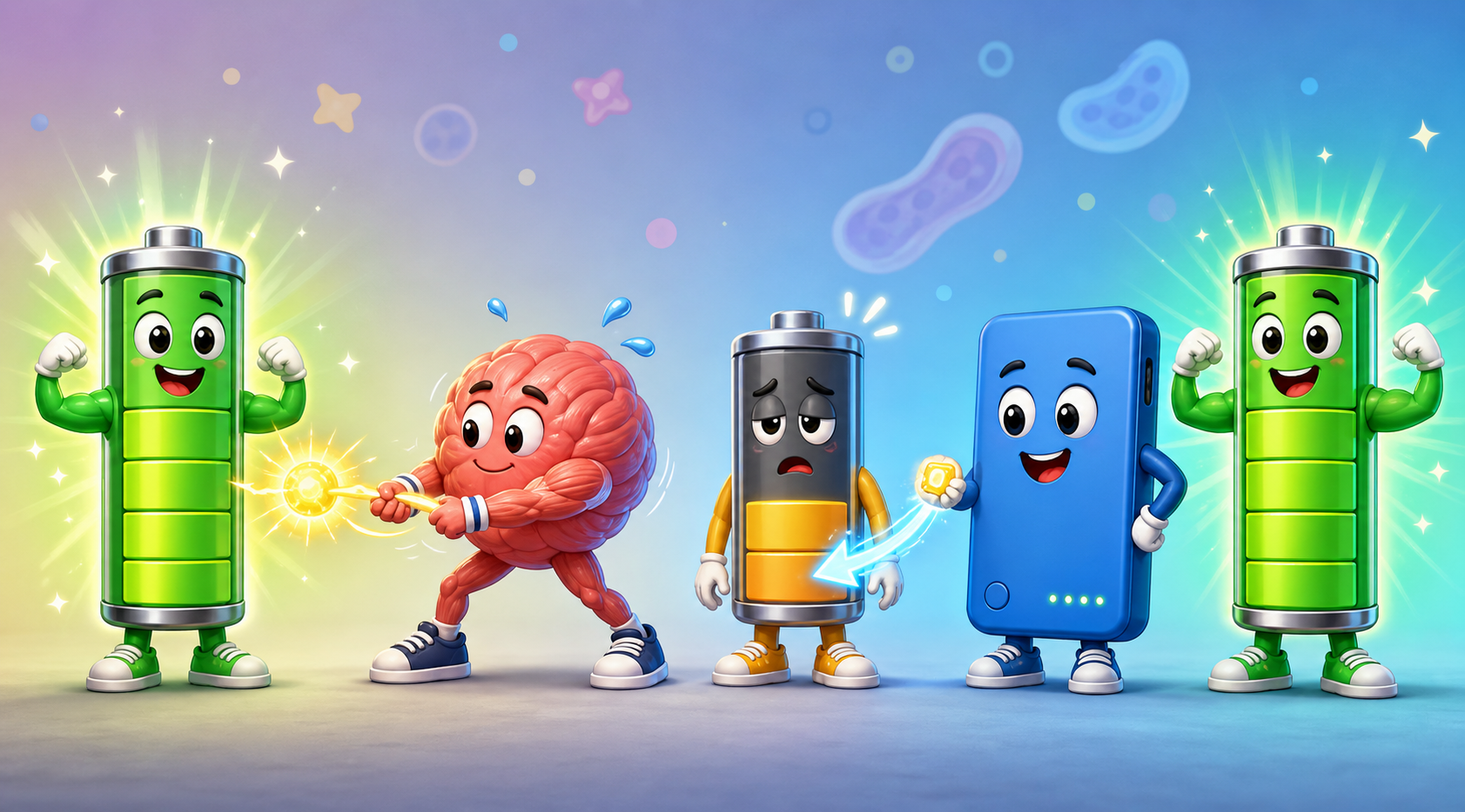 This illustration shows how your body uses energy. ATP (the full battery) powers your cells, then becomes ADP (the empty battery). Phosphocreatine (the power bank) quickly recharges ADP back into ATP, helping your body maintain energy.