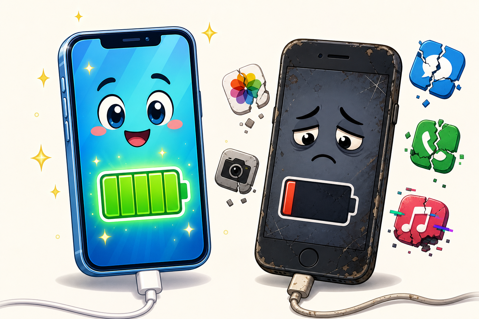 This illustration uses a smartphone battery as an analogy for human energy. A new battery charges fully, but an old, degraded one struggles to hold a charge, similar to how chronic stress impacts our energy.