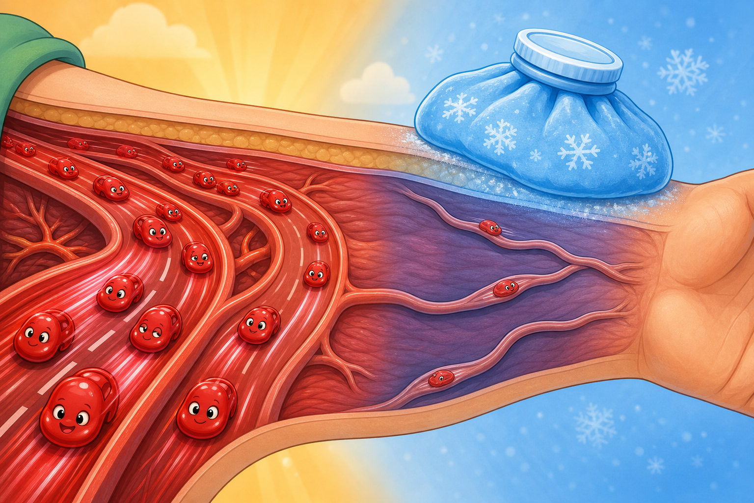 When cold is applied, blood vessels narrow (vasoconstriction), reducing blood flow to the area. Think of it like a multi-lane highway shrinking to a single lane.