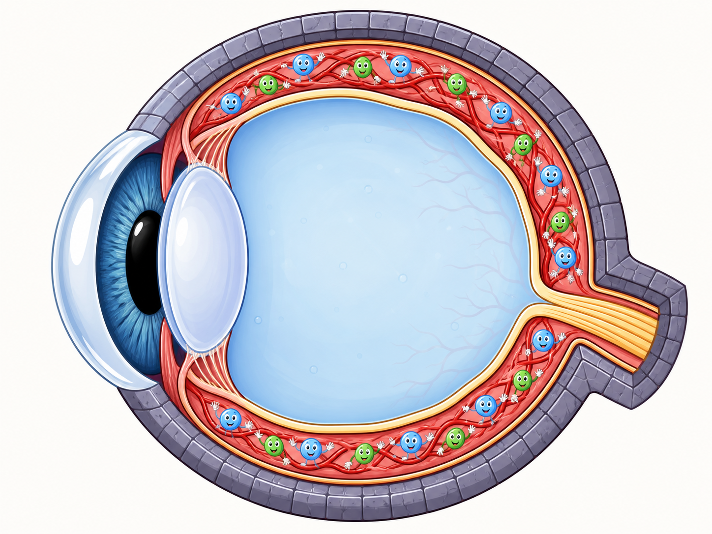 This illustration shows the three main layers of the eye. The middle layer, called the uvea, is rich with blood vessels that bring important oxygen and nutrients, making it a critical part of eye health.