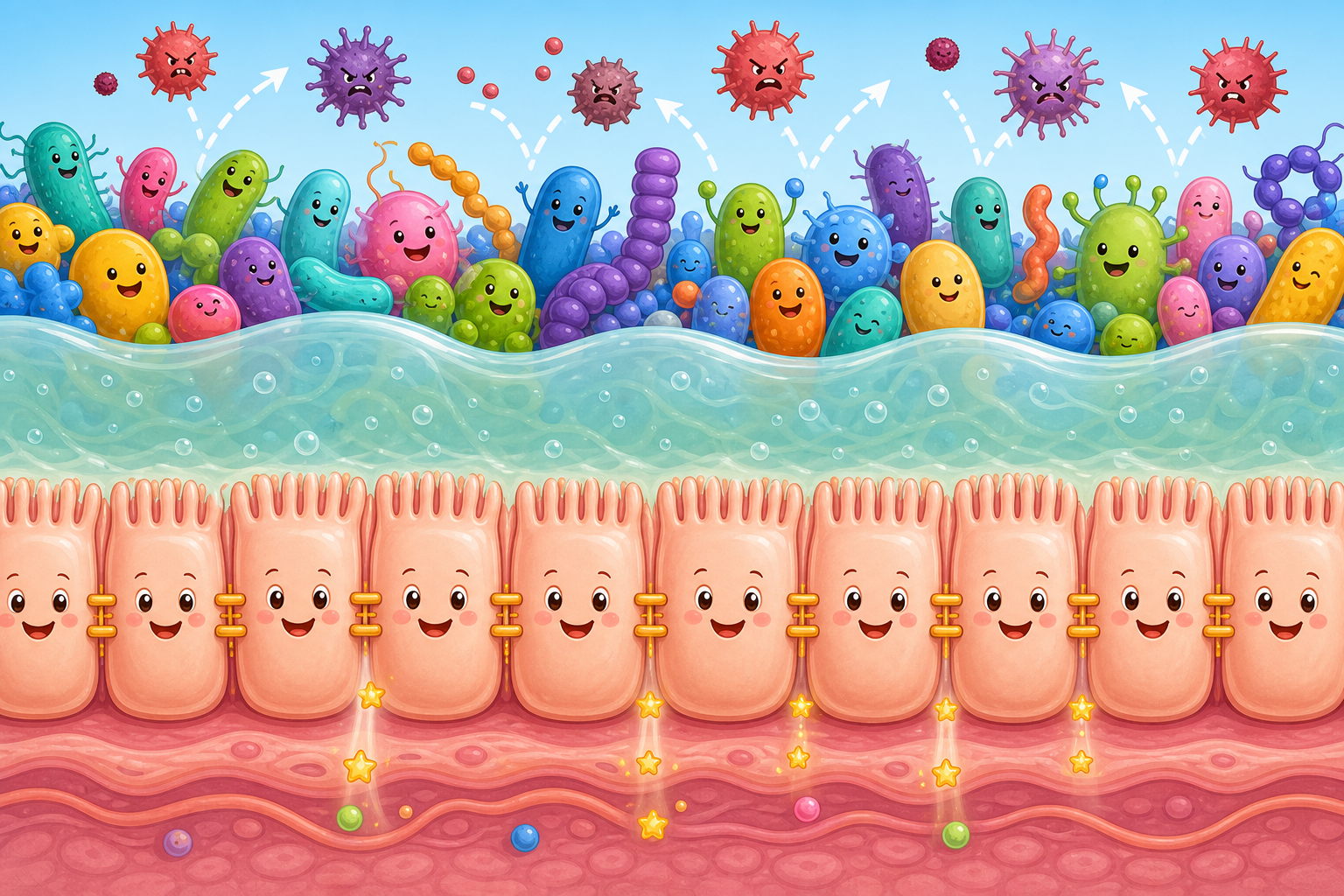 This illustration shows your gut's strong defense system. Happy bacteria and a thick mucus layer protect tight, healthy cells that only let good nutrients into your bloodstream.