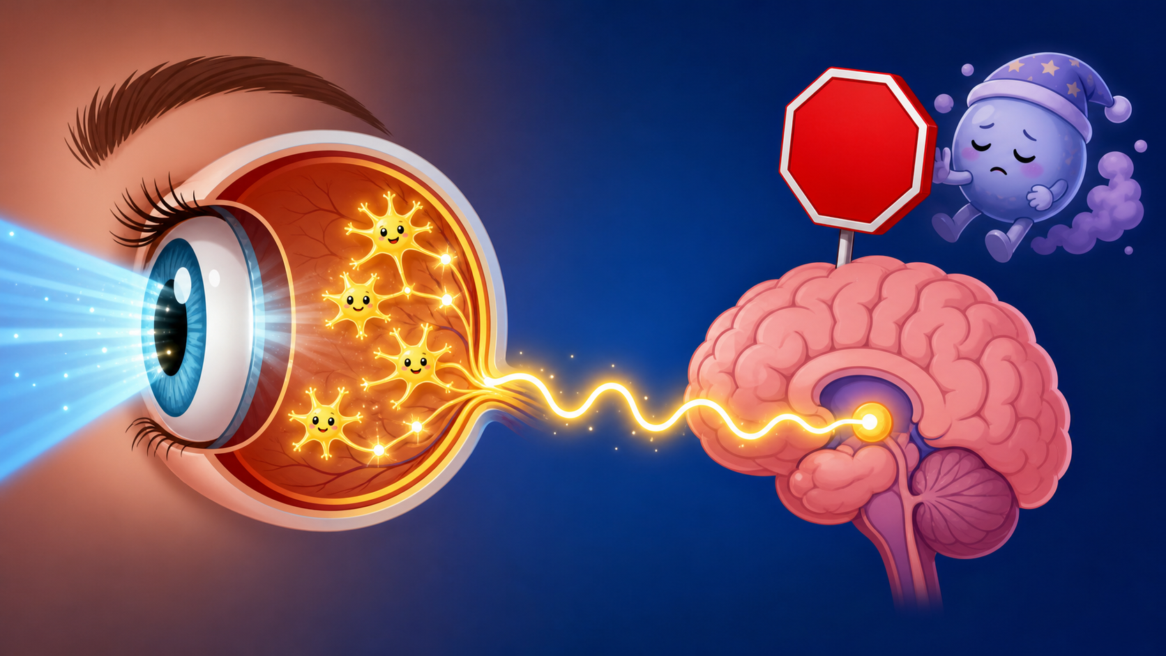 Blue light hitting special cells in your eyes sends a signal to your brain, telling it to stop making melatonin, the hormone that makes you feel drowsy.