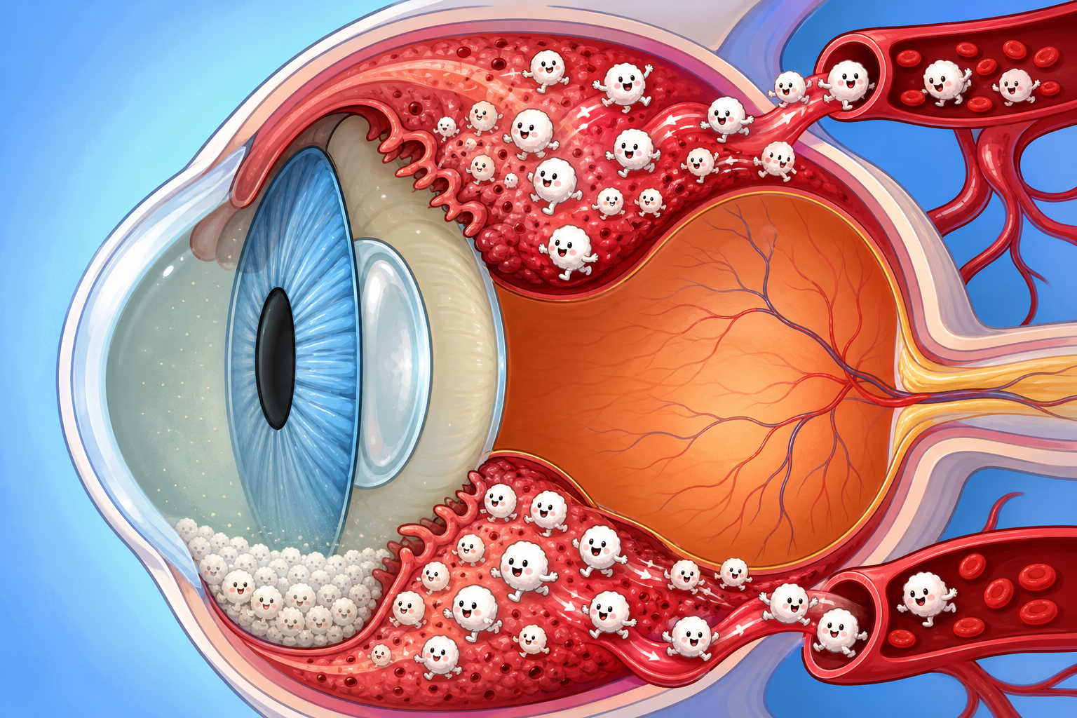 This image shows how white blood cells flood into the eye's middle layer (uvea), causing swelling and cloudy vision. Sometimes, these cells can settle at the bottom, creating a visible layer called a hypopyon.