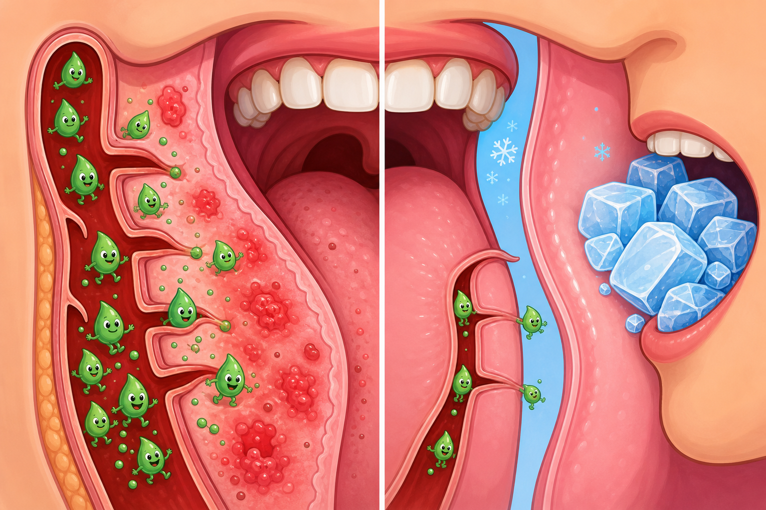 Sucking on ice chips during chemotherapy narrows blood vessels in the mouth. This reduces the amount of chemotherapy drugs that reach the mouth's delicate tissues, preventing painful sores.