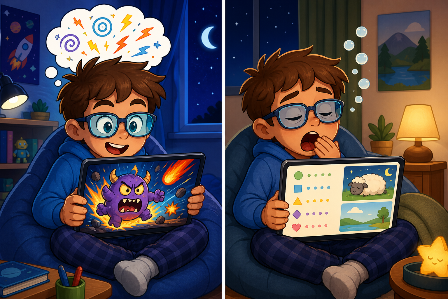 This image shows that even with blue-light filtering glasses, stimulating content on your screen can keep your brain active and awake, regardless of the light color.