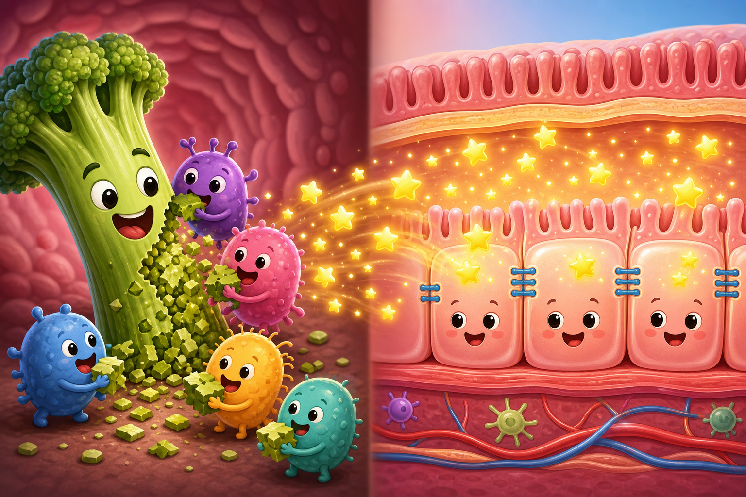 When you eat fiber, your gut bacteria turn it into butyrate. Butyrate is a super fuel that helps your intestinal cells stay strong and keeps your gut barrier healthy.