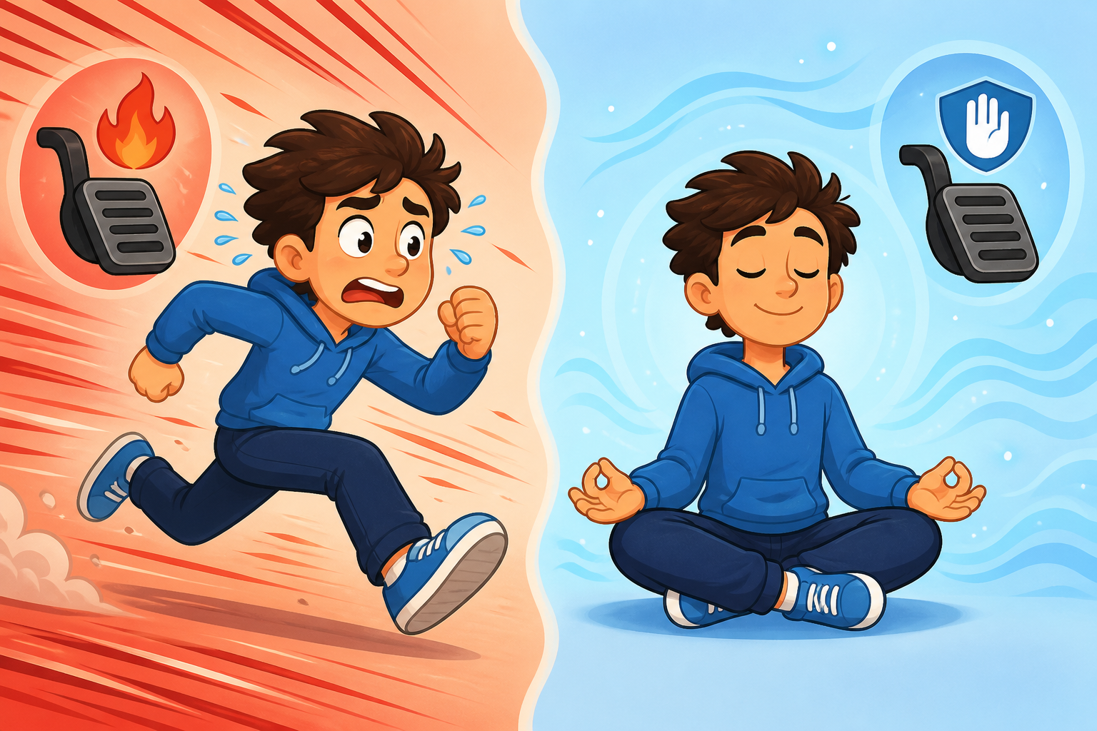 Our nervous system has two main parts: the 'gas pedal' (sympathetic) for fight-or-flight, and the 'brakes' (parasympathetic) for rest and digest. Breathing exercises help activate the 'brakes.'