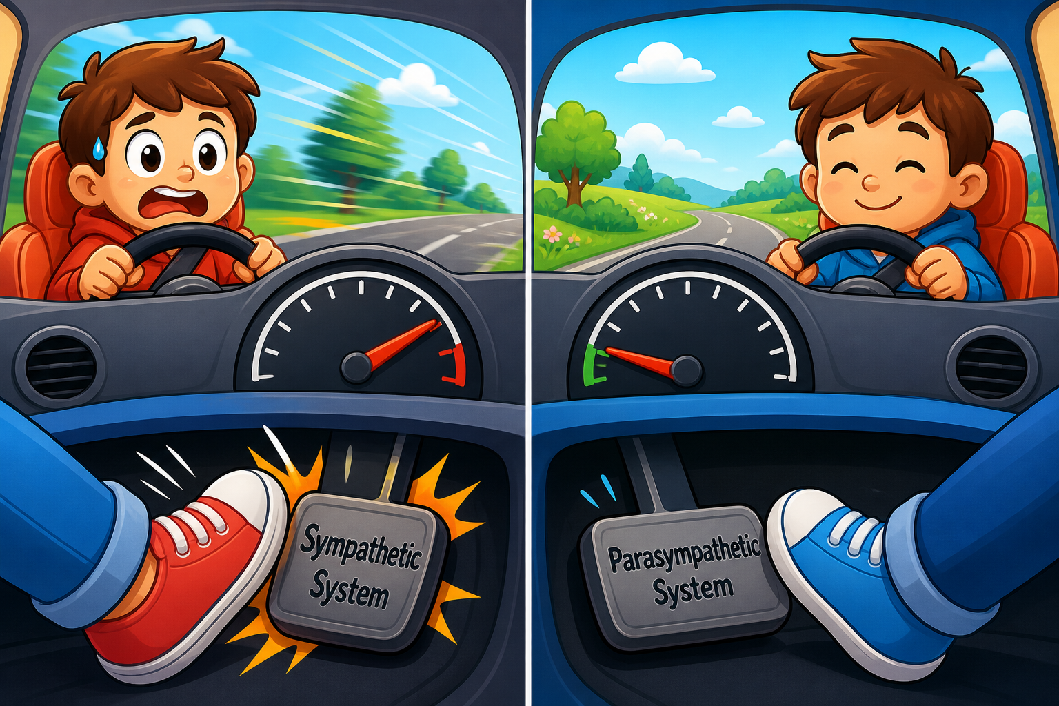 The sympathetic nervous system acts like a gas pedal, speeding up your body for