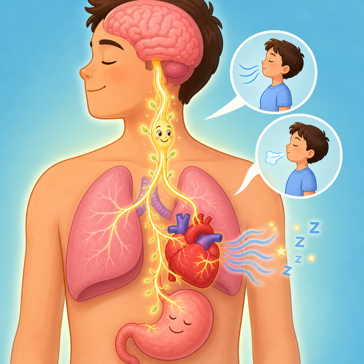 The vagus nerve connects your brain to vital organs. Slow, deep breathing stimulates this nerve, sending signals to your brain and heart to calm down and relax.