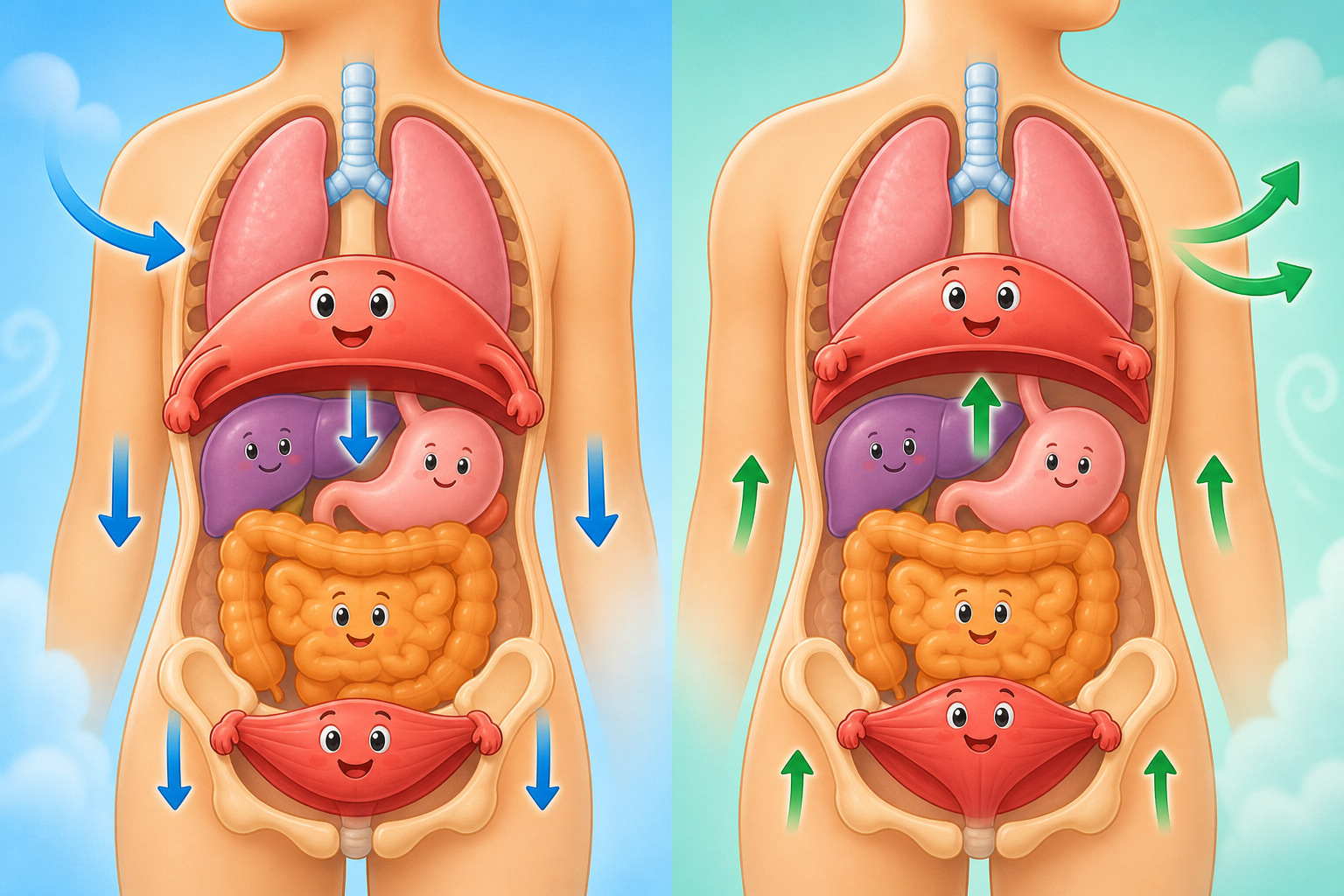 Like a piston, your diaphragm and pelvic floor work together. When you breathe in, the diaphragm pushes down, and the pelvic floor relaxes; when you breathe out, they both lift.