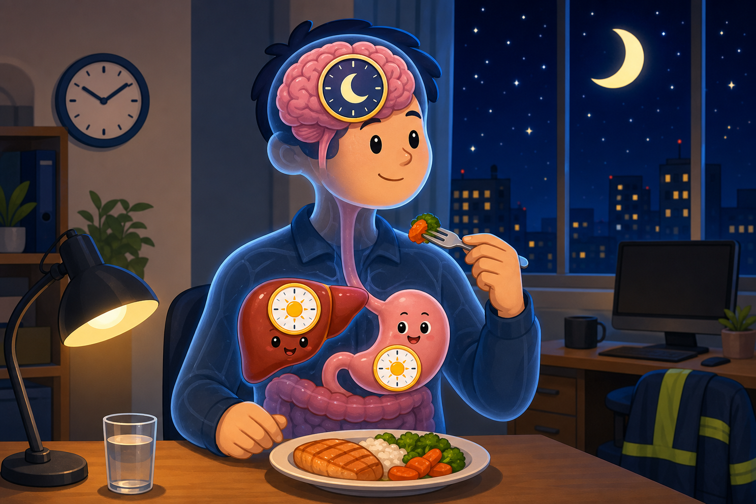 Your body has many clocks, not just one in your brain. When shift workers eat at night, the clocks in their stomach and liver get out of sync with their brain's main clock.