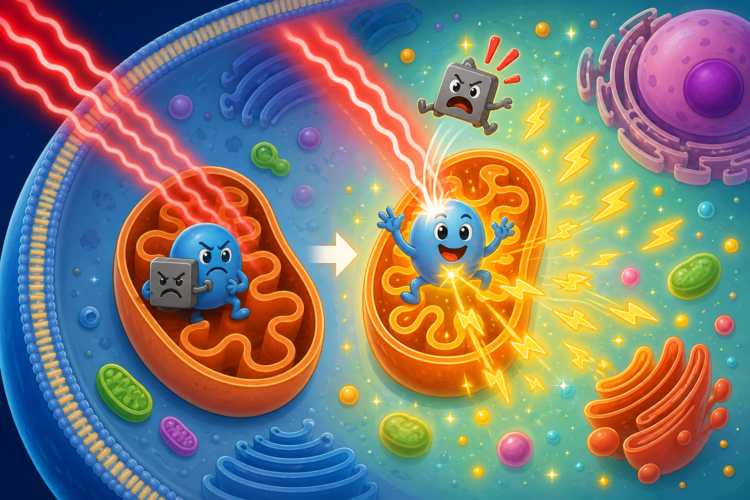 This image shows how red light enters a cell and targets the mitochondria, the cell's powerhouses. It helps clear blockages and boosts the production of ATP, the energy currency of the body.