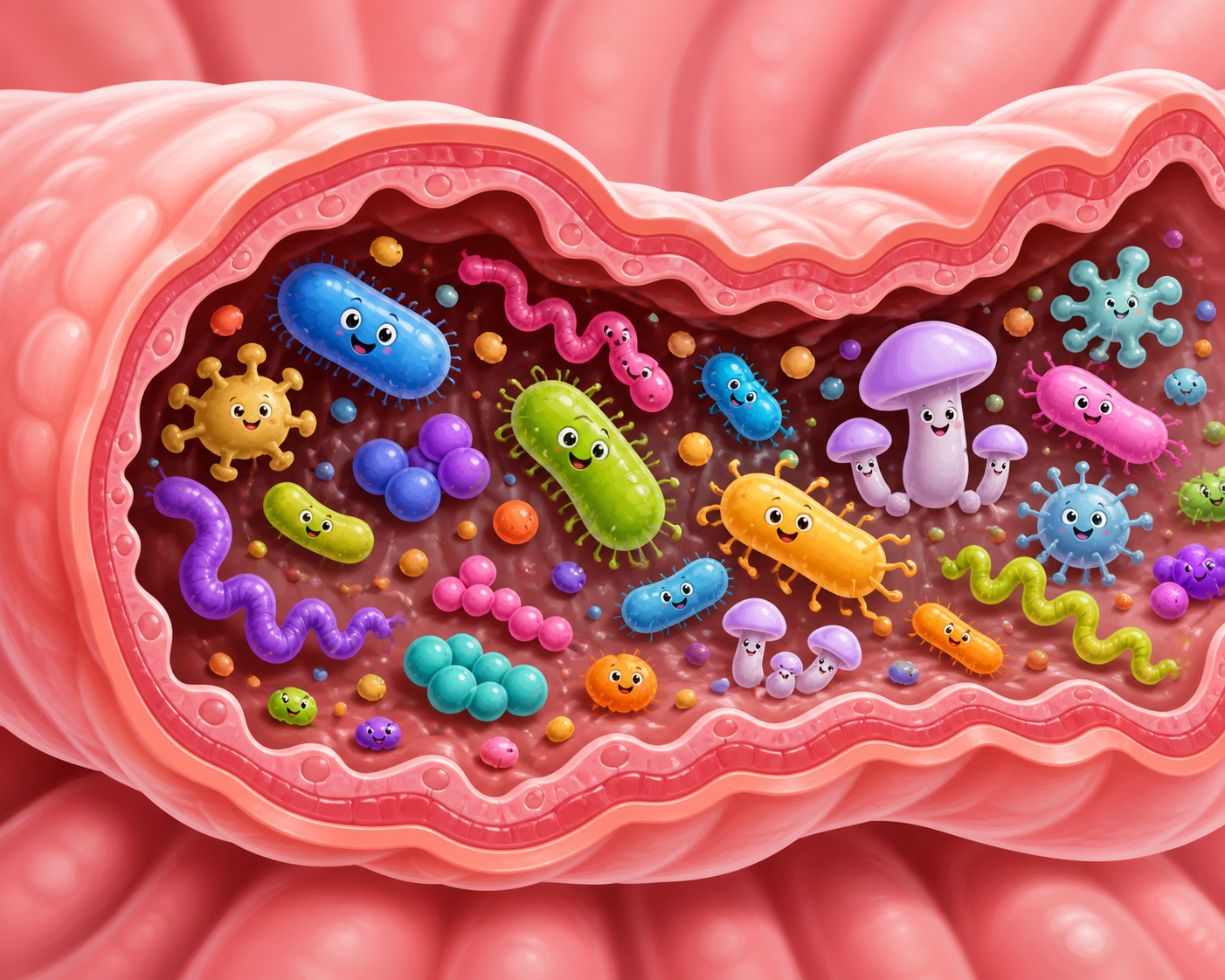 This illustration shows the gut microbiome, a lively community of bacteria and other tiny organisms living inside your intestines. They play a huge role in your health and how you digest food.