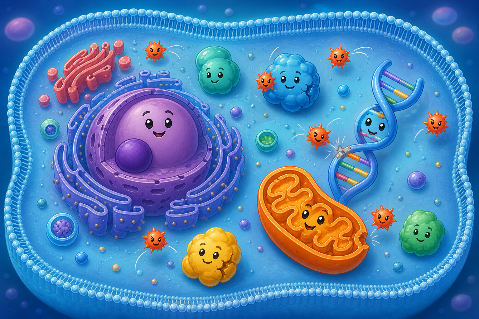 This image shows reactive oxygen species, unstable molecules, bouncing around inside a cell and damaging important parts like DNA and proteins. When too many of these harmful molecules build up, it creates oxidative stress.