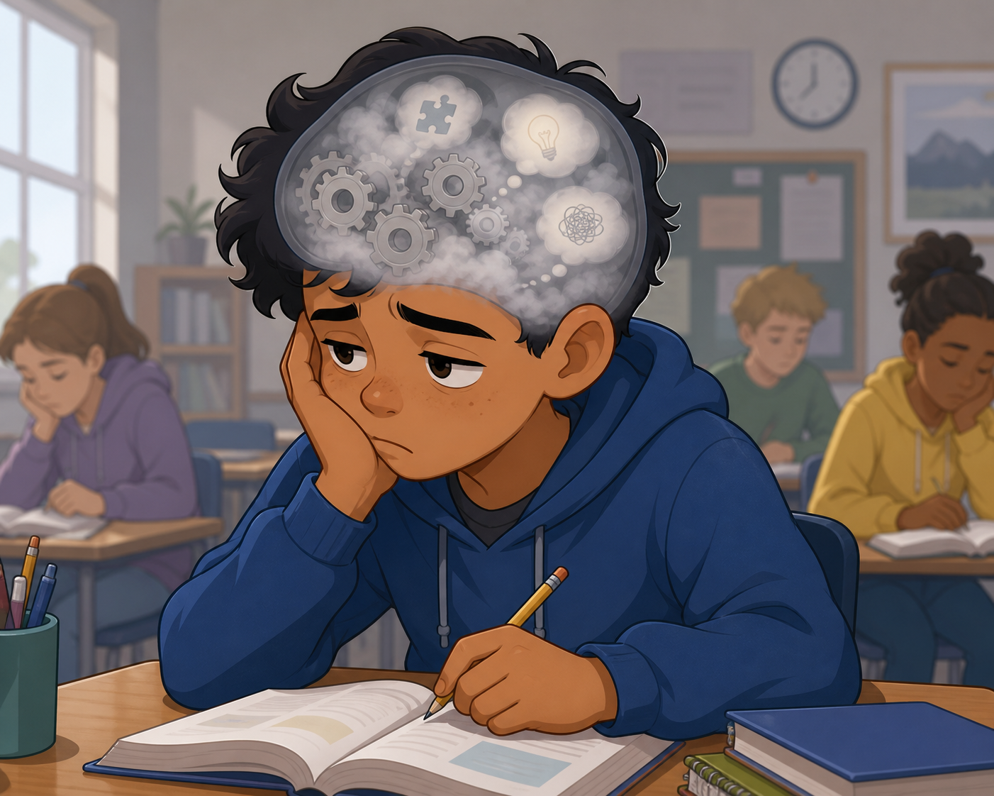 This image shows what brain fog can feel like – your thoughts are sluggish, focus drifts, and you feel mentally tired.
