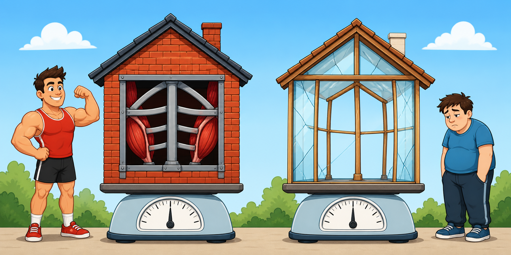 This image compares two houses that weigh the same, but one is built with strong materials (like muscle and bone) while the other is less sturdy (more fat). Our body composition, or what our weight is made of, is more important than just the number on the scale.