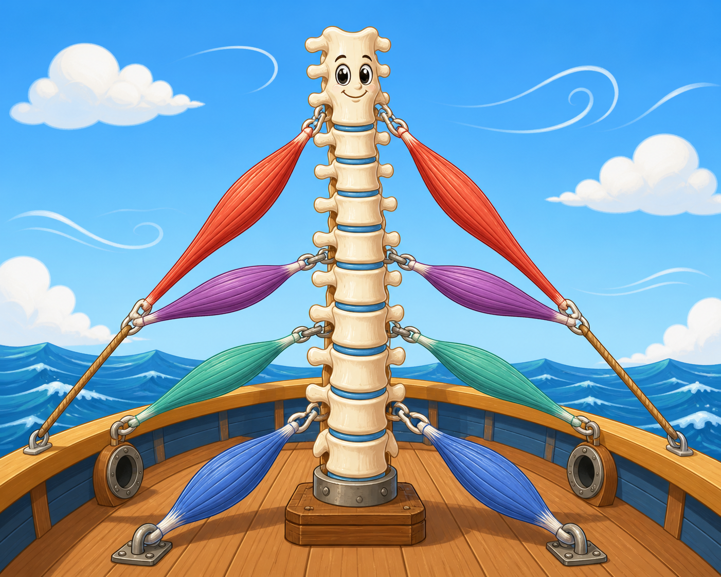 This image shows how your muscles (like strong ropes) support your spine (like a ship's mast). Strong muscles keep your spine stable and reduce discomfort.