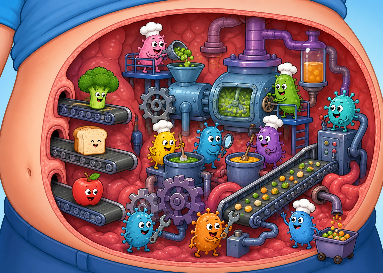 This illustration shows your gut as a busy factory. Food is the raw material, and trillions of friendly bacteria are the tiny workers processing it to keep your body healthy.