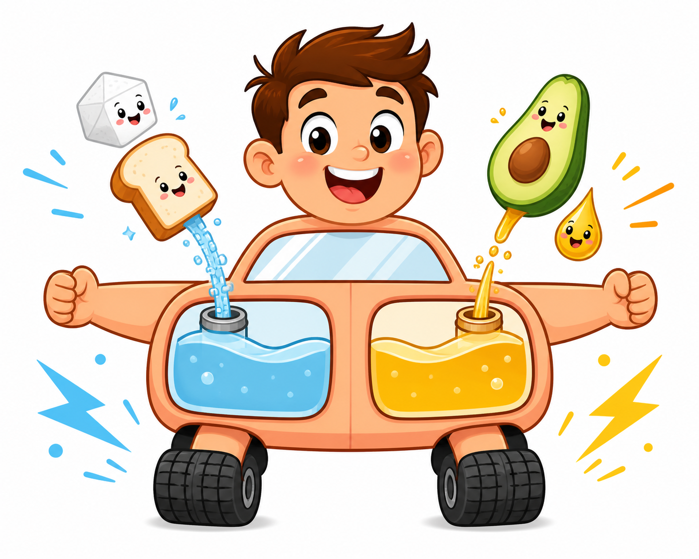 Our bodies are like hybrid cars, capable of running on energy from carbohydrates (glucose) or fats, depending on what we eat.