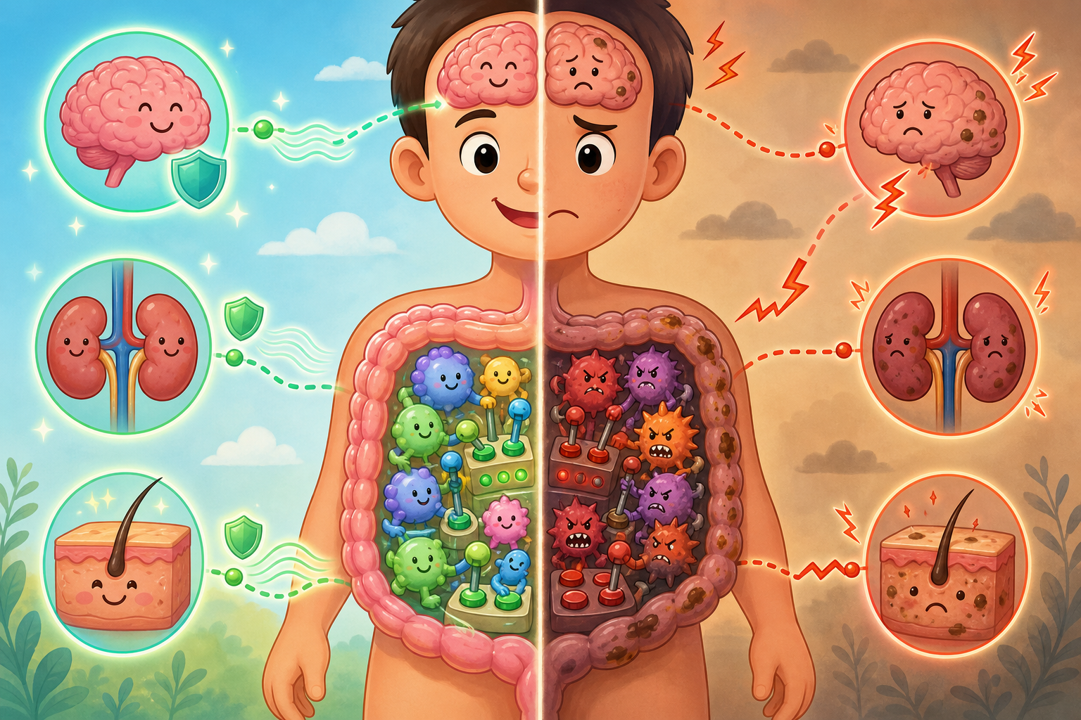 Your gut microbiome acts like a control center for oxidative stress throughout your body. A balanced gut sends calming signals, while an imbalanced gut (dysbiosis) can send stress signals to distant organs.